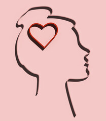 Silhouette of a girl with hairstyle and heart on a pink background, 3D rendering illustration