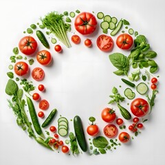 Advertising - product photo of in the center in the shape of a circle there are many small flying vegetables tomatoes greens cucumbers on a white background. Square photo
