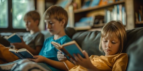 Kids reading books together, sitting on a couch at home