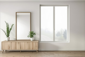 Stylish property interiors composition with a mirror next to a large window filling the room with natural lighting. Residential interiors design with minimal decor and warm colors.
