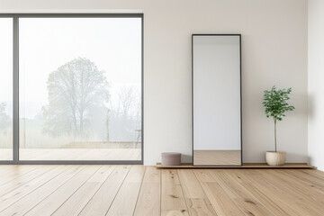 Stylish property interiors composition with a mirror next to a large window filling the room with natural lighting. Residential interiors design with minimal decor and warm colors.