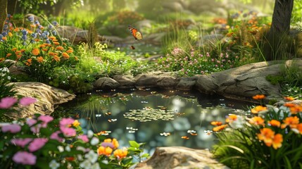 Tranquil Oasis Vibrant Garden with Blooming Flowers Pond and Butterflies A Serene Escape into Nature's Beauty