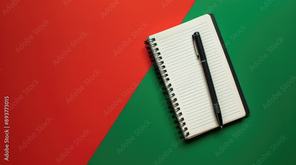 Poster notebook and pens on red and green backdrop overhead view empty space