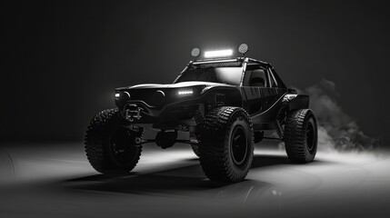 Concept car in black, extreme speed for sport enthusiasts. Fast car with a powerful motor, designed for high-performance driving.