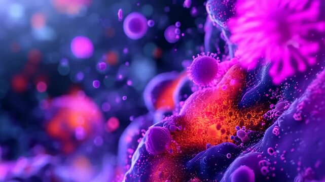 Close-up of vibrant microbial life forms in bright colors, possibly during a scientific study. The scene is filled with purple and orange-hued organisms under a microscope. The atmosphere is