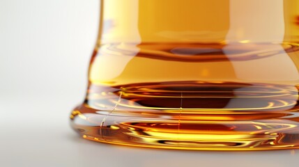 A close-up view of a glass containing amber liquid, showcasing its clarity and color through a smooth, reflective surface