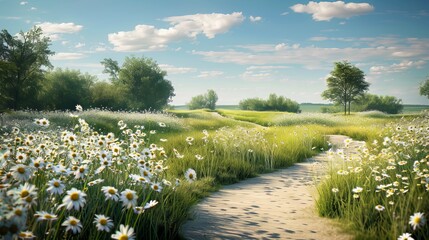 Obraz premium Tranquil Pathway Through Dreamy Daisy Field A Serene Escape into Nature's Beauty