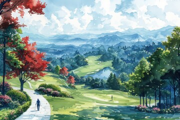 Watercolor painting of a picturesque golf course with rolling greens