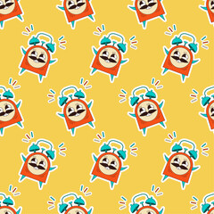 Seamless pattern with a colourful alarm clocks on a yellow background. Alarm clock cartoon character. Vector illustration.