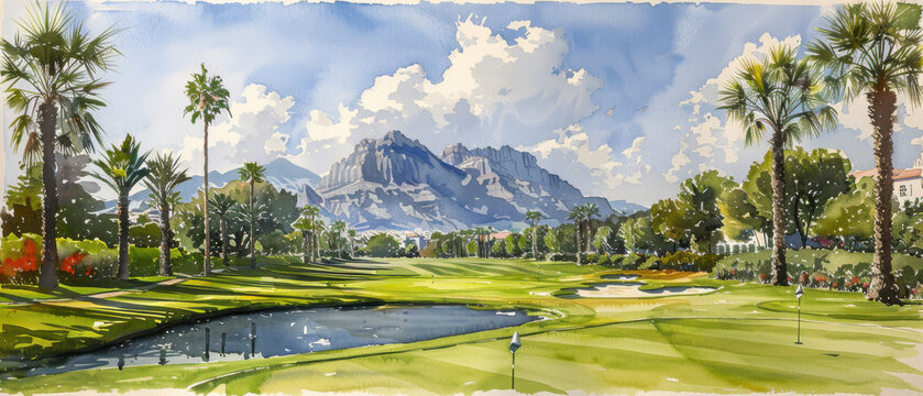 Watercolor painting of a picturesque golf course with rolling greens