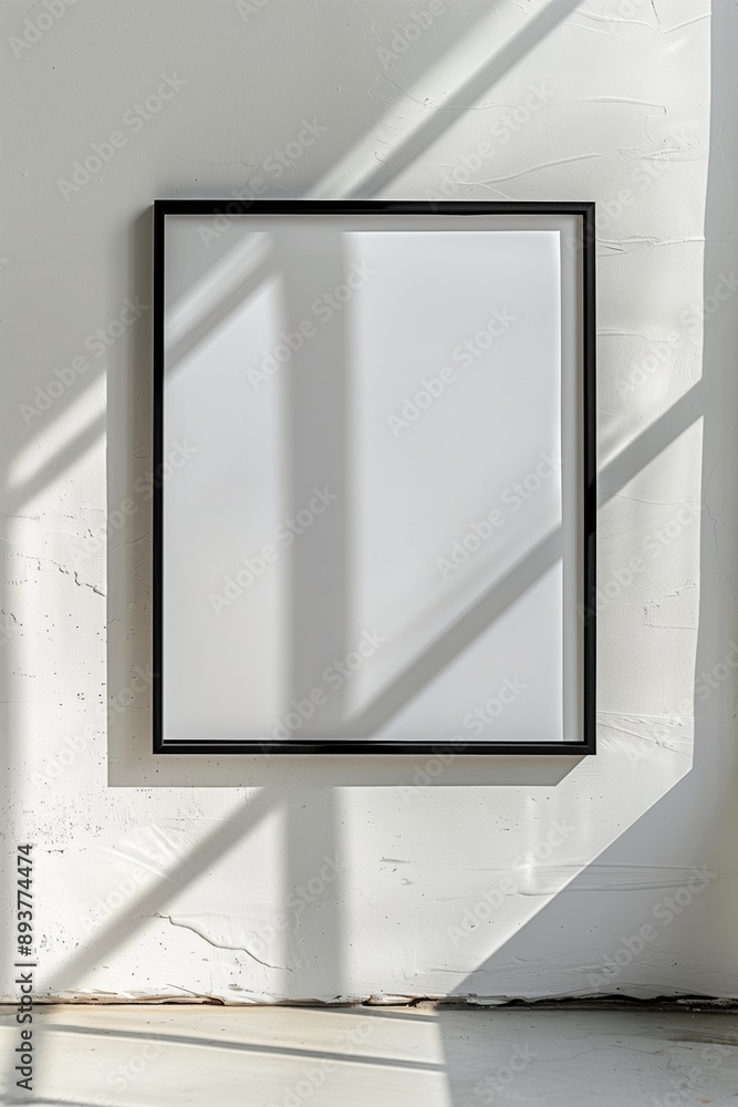 Poster minimalistic empty picture frame with shadows on a white wall, sunlight casting diagonal patterns.