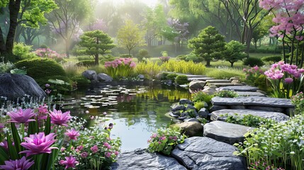 Serene Oasis Vibrant Blooms Tranquil Pond and Stone Pathway in a Peaceful Garden Setting