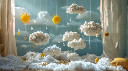 Surreal August Weather Display, cotton balls shaped into clouds, tiny paper suns and raindrops suspended in a cozy living room, creating a whimsical and imaginative atmosphere