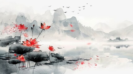 Red Lotus Flowers Blossom in a Misty Mountain Landscape