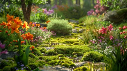 Enchanting Moss Garden Oasis Lush Greenery and Blooms in a Serene Nature Setting