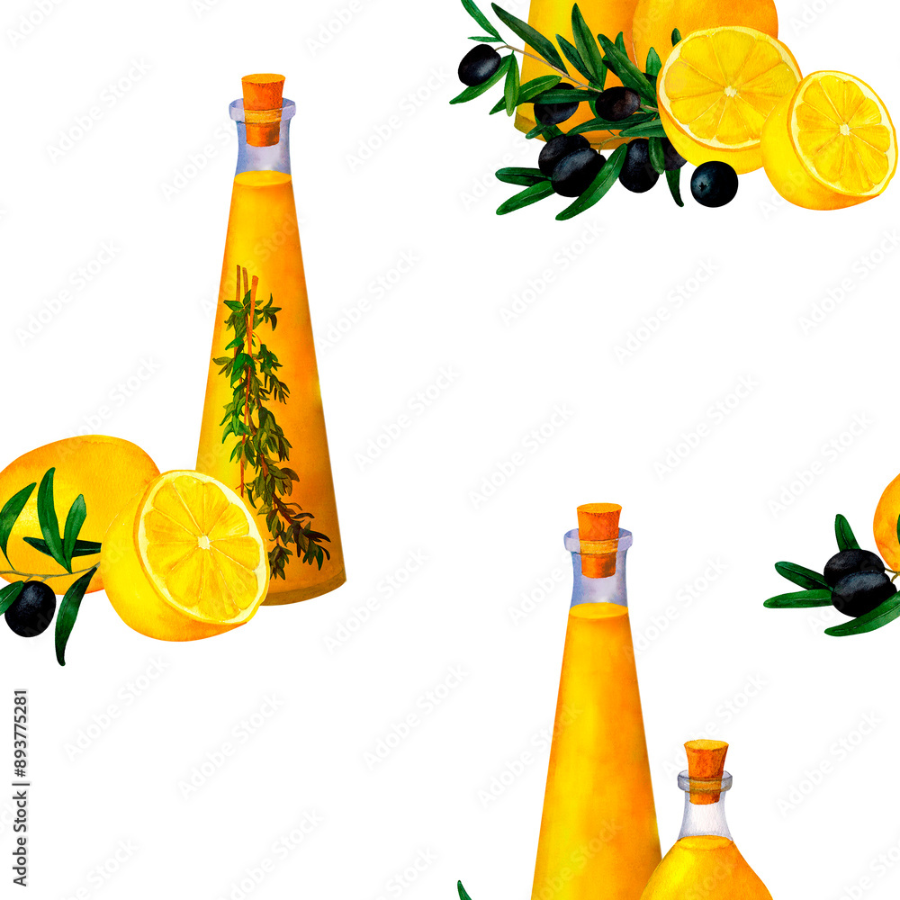 Wall mural olive oil, branches and lemons seamless pattern for prints on wallpaper, textiles, diy, scrapbooking