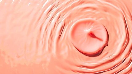 Abstract close-up of a pink drop creating ripples in water, showcasing fluid movement and color dynamics, perfect for backgrounds or design.