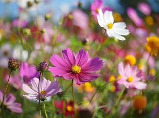Fototapeta premium Close Up View of Pink Cosmos Flowers in a Field
