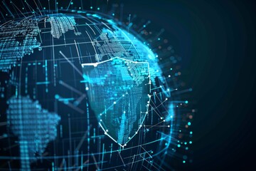 Fototapeta premium A digital globe with a shield representing global cybersecurity and data protection