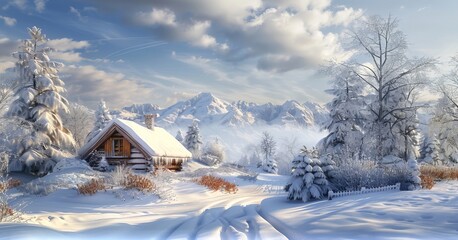 Fototapeta premium Winter Wonderland Cozy Cabin in Snowy Landscape Embrace Serenity and Solitude in Nature's Beauty