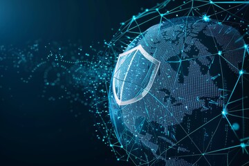 A stylized globe with a prominent shield in front, symbolizing global cybersecurity and protection of digital data and networks.