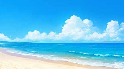 Fototapeta premium Serene Anime Beach Vista, a tranquil coastal scene featuring gentle waves, soft sand, and minimalist elements, inviting calmness and imagination in a vibrant, stylized atmosphere