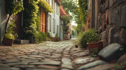 Peaceful cobblestone street scene in old village.