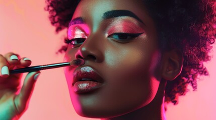 Fototapeta premium Close-up portrait of a woman applying vibrant makeup with a brush, emphasizing bold eyeshadow and glossy lips against a colorful background.