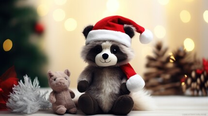 Cute raccoon toy with Santa Claus hat on Christmas background.