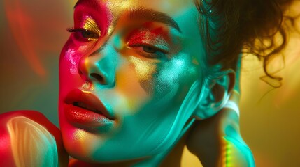 Naklejka premium Close-up portrait of a woman with vibrant, colorful neon lighting reflecting on her face, creating an artistic and futuristic vibe.