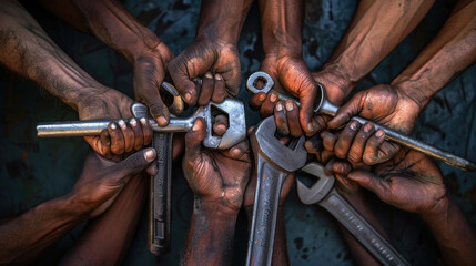Diverse Group of Hands Holding Tools in Unity and Collaboration for Teamwork and Solidarity Concept