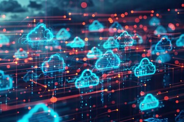 A visual representation of cloud computing with blue cloud icons connected by lines on a dark background.