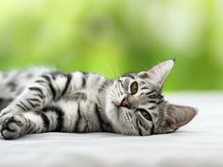 Relaxed grey tabby cat with green eyes lying on a soft surface in a serene, green background. - Powered by Adobe