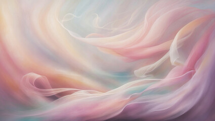 Fototapeta premium Watercolor painting depicting flowing, sheer fabric in shades of pink, blue, white. Colors are soft and blended, hazy and dreamy atmosphere