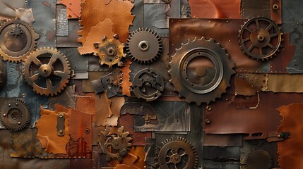 Artisanal Fusion Abstract Leather Swatches and Metal Gears in Industrial Harmony
