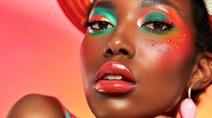 Obraz premium Vibrant close-up portrait of a woman with bold colorful makeup and glossy lips, styled with bright accessories and a radiant background.