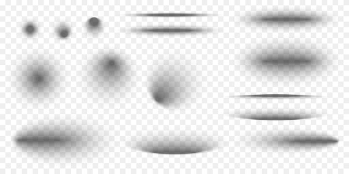 Set of circle and oval shadow effects. Different realistic soft grey shapes. Round and elliptic package box shades isolated on transparent background. Vector realistic illustration.