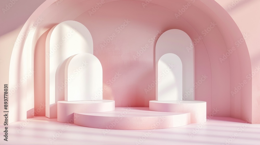 Poster minimalistic art scene with geometric podiums on gradient background for product display