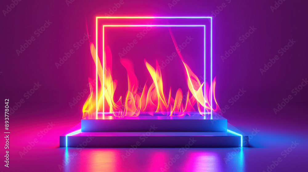 Poster a vibrant display of neon flames within a glowing frame, creating an artistic fusion of light and fi