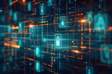 Fototapeta premium Abstract digital background with network, data protection and cybersecurity concept, digital locks on the screen.