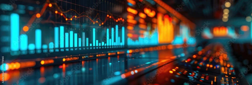 Poster colorful digital dashboard displaying data analytics graphs and charts, representing technology usag