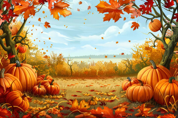 vector illustration of an autumn harvest scene with a variety of pumpkins, apples and corn. Simplified, clean lines with vibrant fall colors of orange, yellow and red