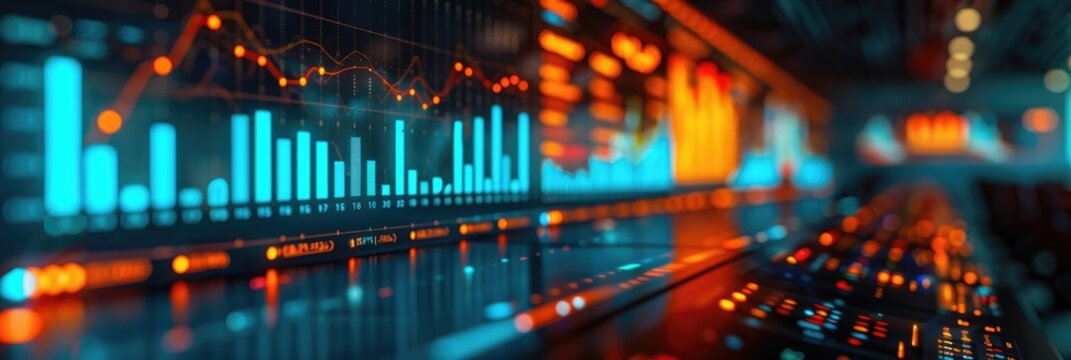 Colorful digital dashboard displaying data analytics graphs and charts, representing technology usage in business and finance sectors. - Powered by Adobe