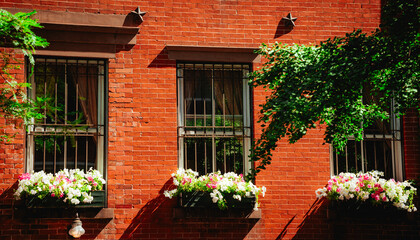 window with flowers old New York street Tribeca 