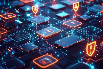 Fototapeta premium A digital illustration depicting a network of interconnected nodes with glowing shields representing data security and protection.