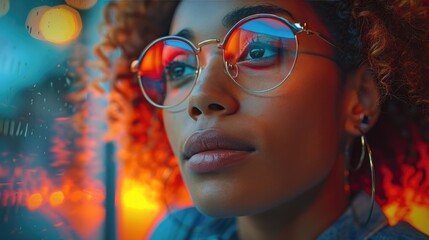 Confident woman with curly hair and glasses looking thoughtfully, with colorful reflections and computer code overlay.