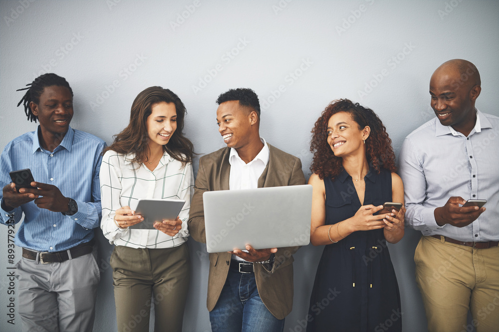 Aufkleber technology, waiting room and line of business people in office for job interview, hiring and network