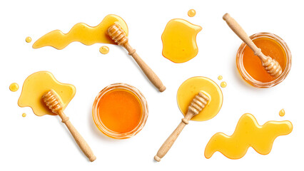 Set of various honey jars and wooden dippers with honey spill, splash and drop