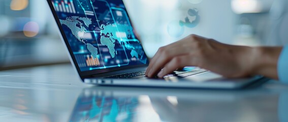 hands typing on an open laptop, with digital maps and graphs overlaying the screen in soft blue tones.