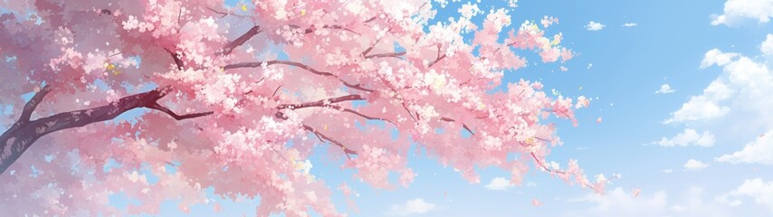 Cherry Blossom Serenity, an enchanting landscape filled with vibrant cherry blossom trees in full bloom, minimalist background, clean lines, inviting tranquility and beauty